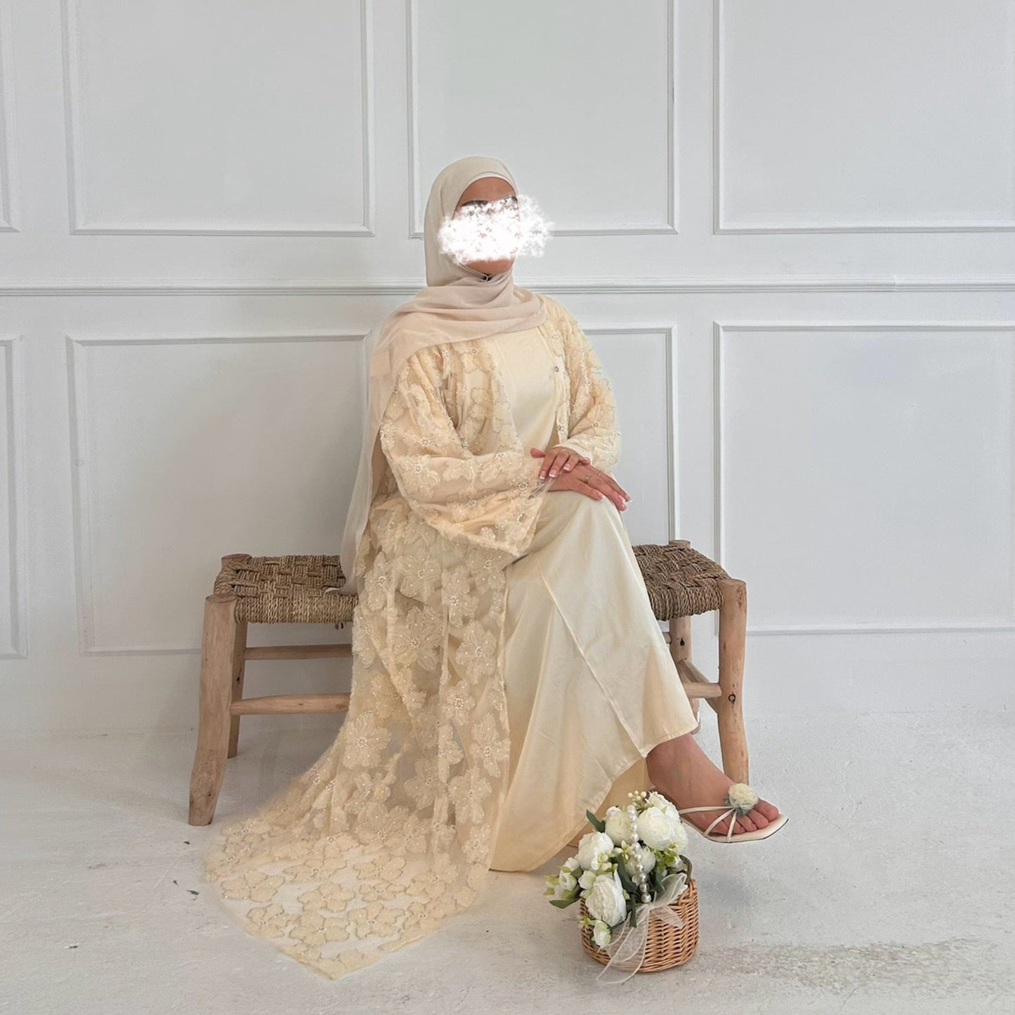 MH90 Beaded Lace Abaya Set – Embroidered Open Abaya, Optional Hijab & Inner Dress