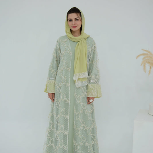 MH135 3D Floral Mesh Cardigan Abaya Set with Hijab – Elegant Modest Open Front Dress for Muslim Women