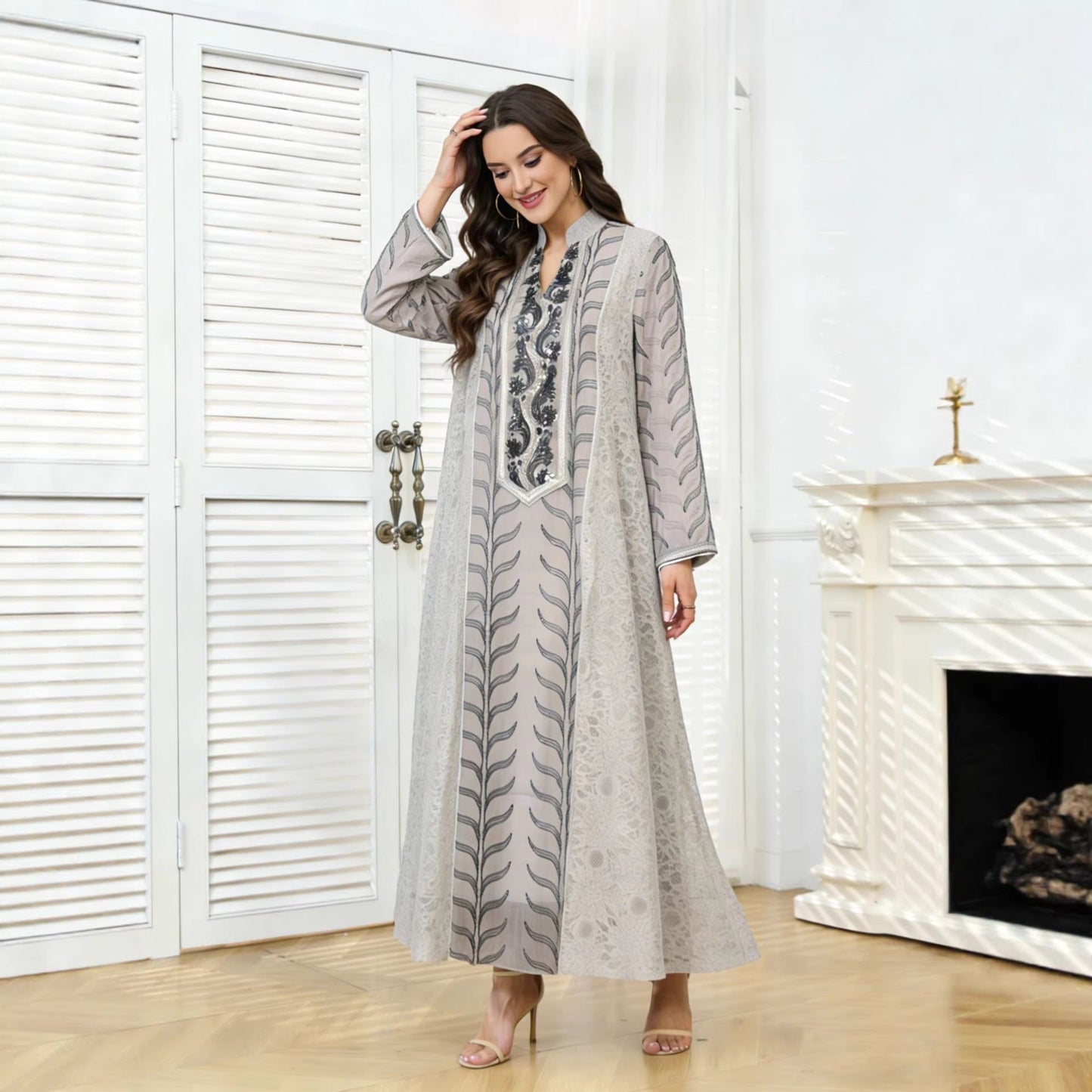 MH129 Beaded Embroidered Abaya Set – Elegant Mesh Modest Eid Dress for Muslim Women