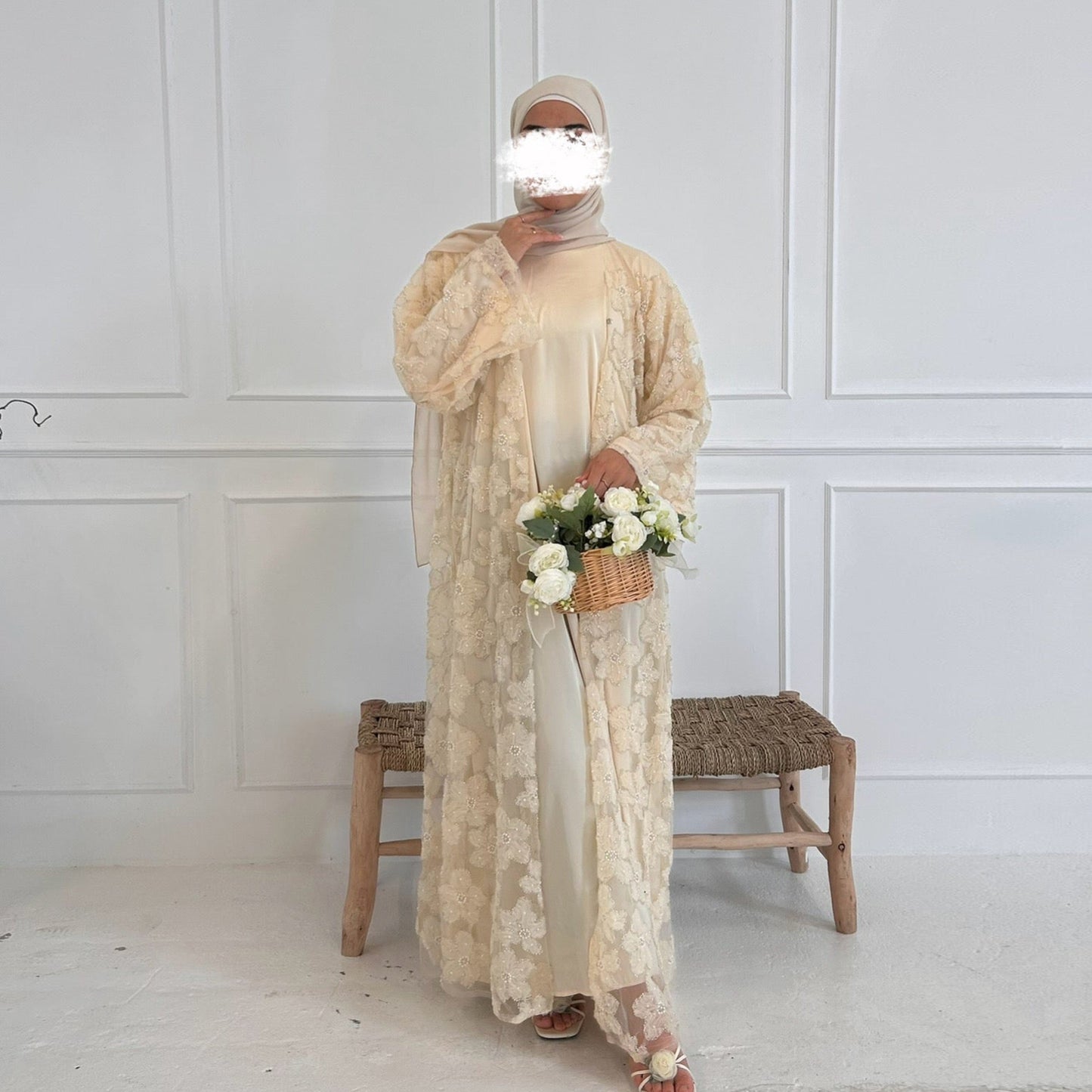 MH90 Beaded Lace Abaya Set – Embroidered Open Abaya, Optional Hijab & Inner Dress