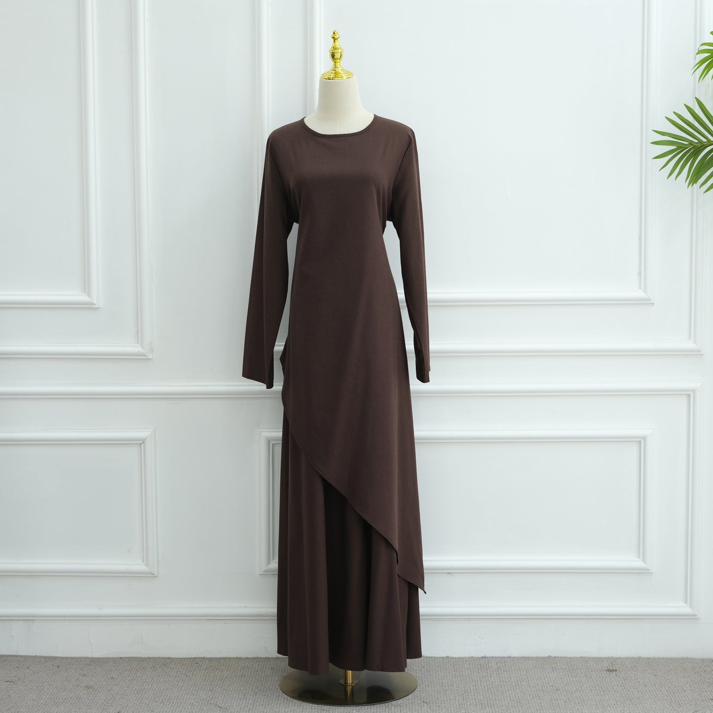 MH87 Modest Cotton-Linen Two-Piece Set – Asymmetric Drape Top & Maxi Skirt | Muslim Women Outfit for Eid & Daily Wear