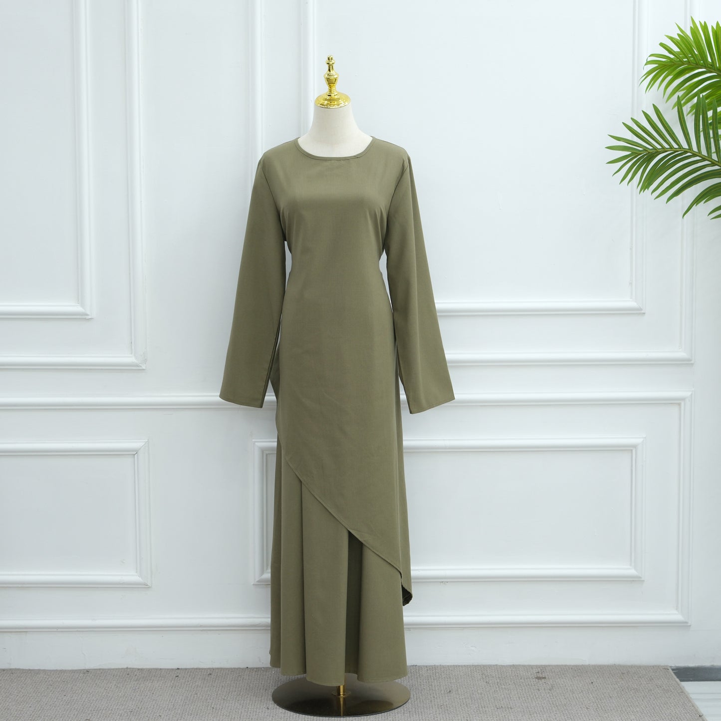 MH87 Modest Cotton-Linen Two-Piece Set – Asymmetric Drape Top & Maxi Skirt | Muslim Women Outfit for Eid & Daily Wear