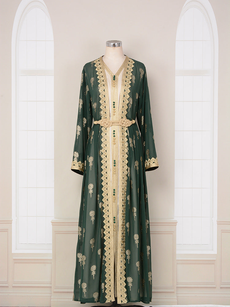 MH127 Embroidered Two Piece Abaya Set – Luxury Open Front Cardigan Abaya Dress for Eid & Formal Wear