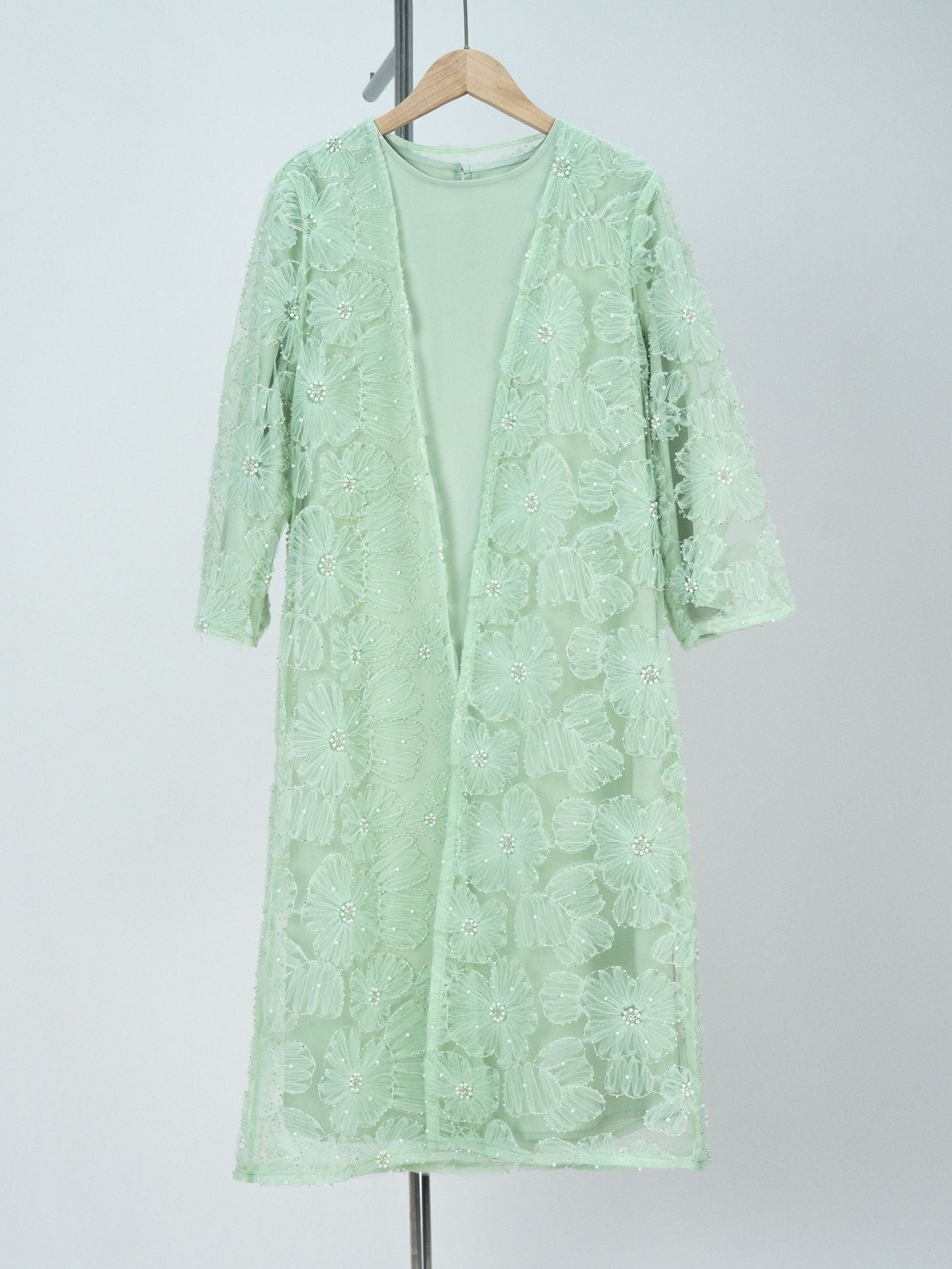 MH122 | Girls 2-Piece Mesh Flower Bead Jacket & Satin Dress Set | Ages 7–14
