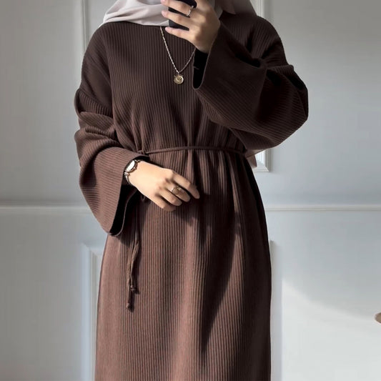 MH76 Winter Abaya for Women – Ribbed, Belted, Long Sleeve Modest Islamic Dress