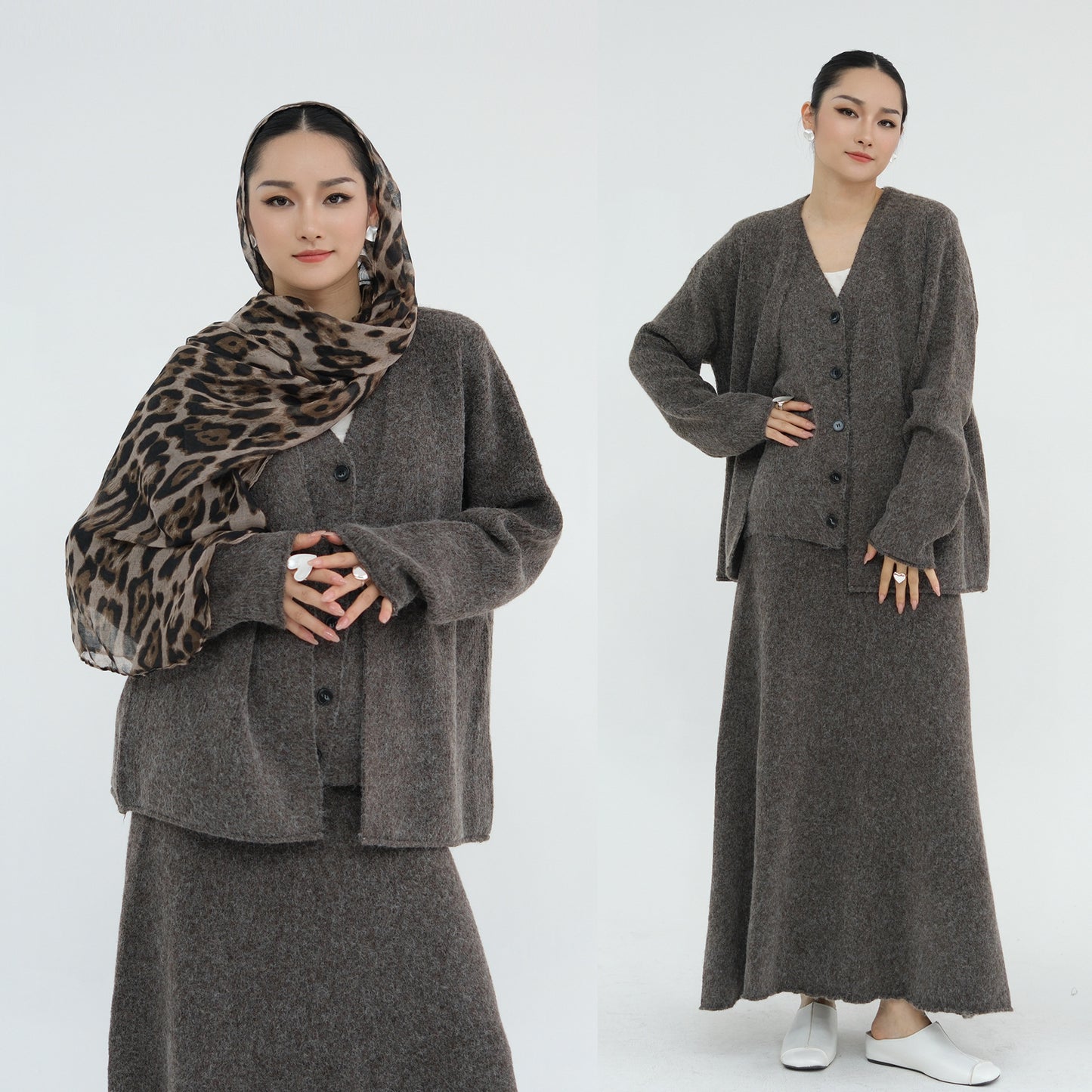 MH72 Winter Knit 3-Piece Abaya Set for Muslim Women – Modest Hijabi Co-ord (Cardigan + Vest + Skirt)