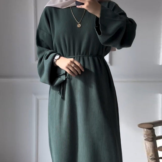 MH76 Winter Abaya for Women – Ribbed, Belted, Long Sleeve Modest Islamic Dress