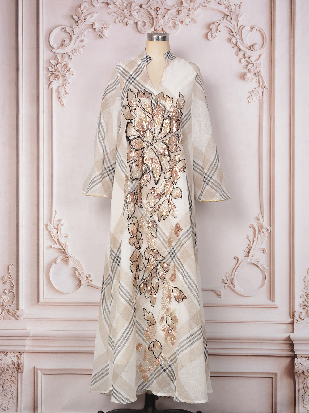 MH128 Plaid Sequin Embroidered Abaya Dress – Elegant Modest Party Maxi for Muslim Women
