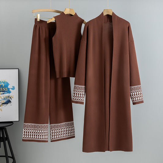 MH110 Abaya 3-Piece Knit Set – Cardigan, Mock-Neck Top & Wide-Leg Pants with Keffiyeh-Pattern Trim on Cuffs & Hem | Winter Layering, Daily to Mosque