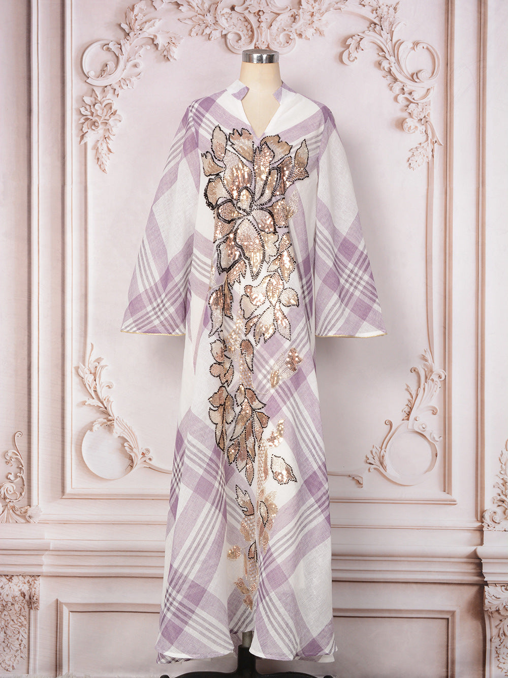 MH128 Plaid Sequin Embroidered Abaya Dress – Elegant Modest Party Maxi for Muslim Women