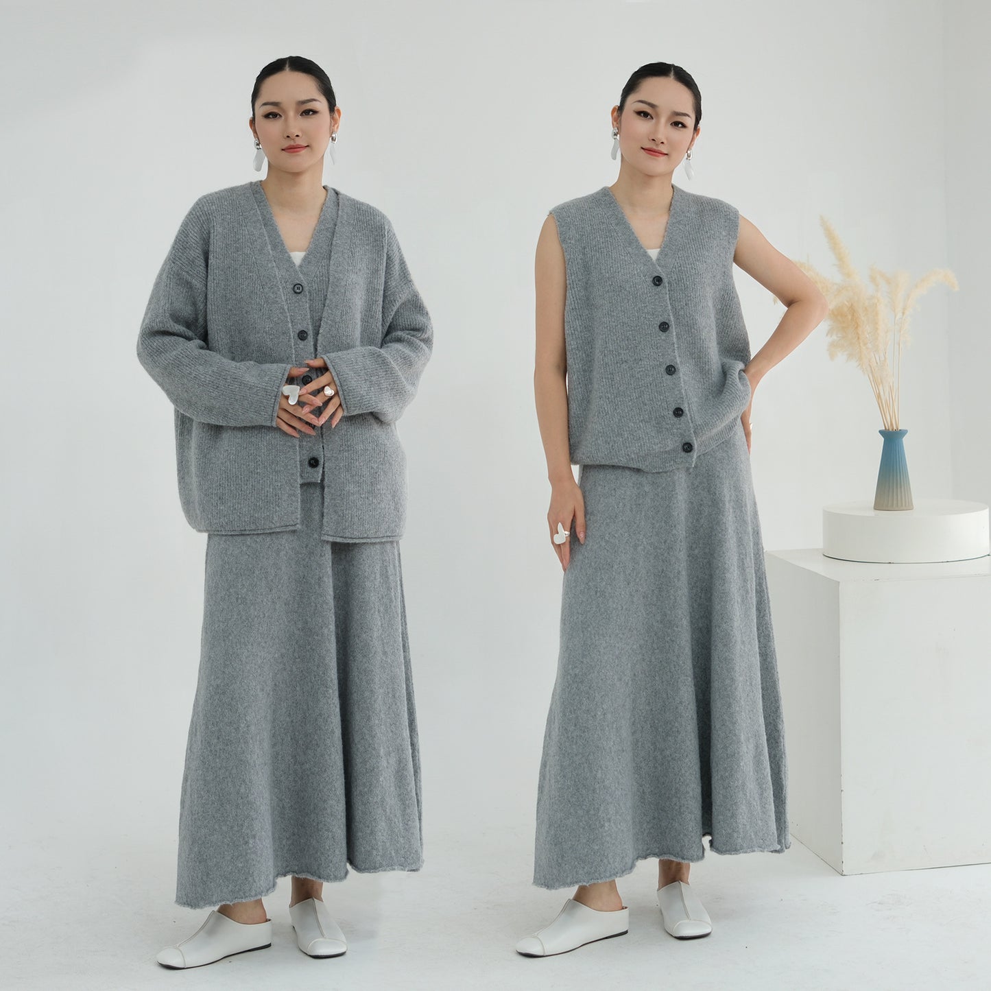 MH72 Winter Knit 3-Piece Abaya Set for Muslim Women – Modest Hijabi Co-ord (Cardigan + Vest + Skirt)