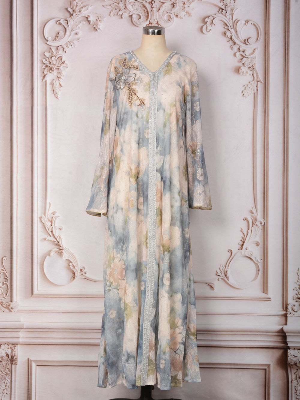 MH131 Luxury Floral Print Beaded Abaya Dress – Elegant Modest Eid Maxi Kaftan for Muslim Women