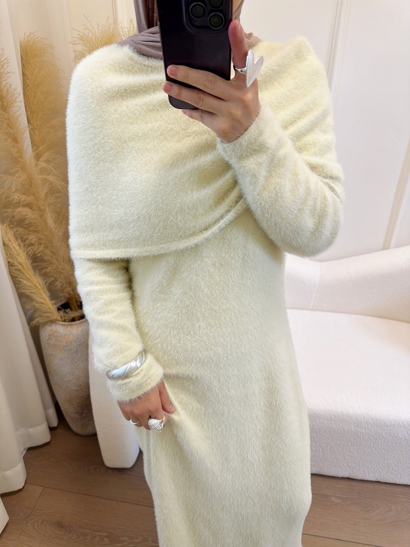 MH125 Faux Mink Knit Maxi Dress & Cape Set – Soft Winter Modest Two-Piece