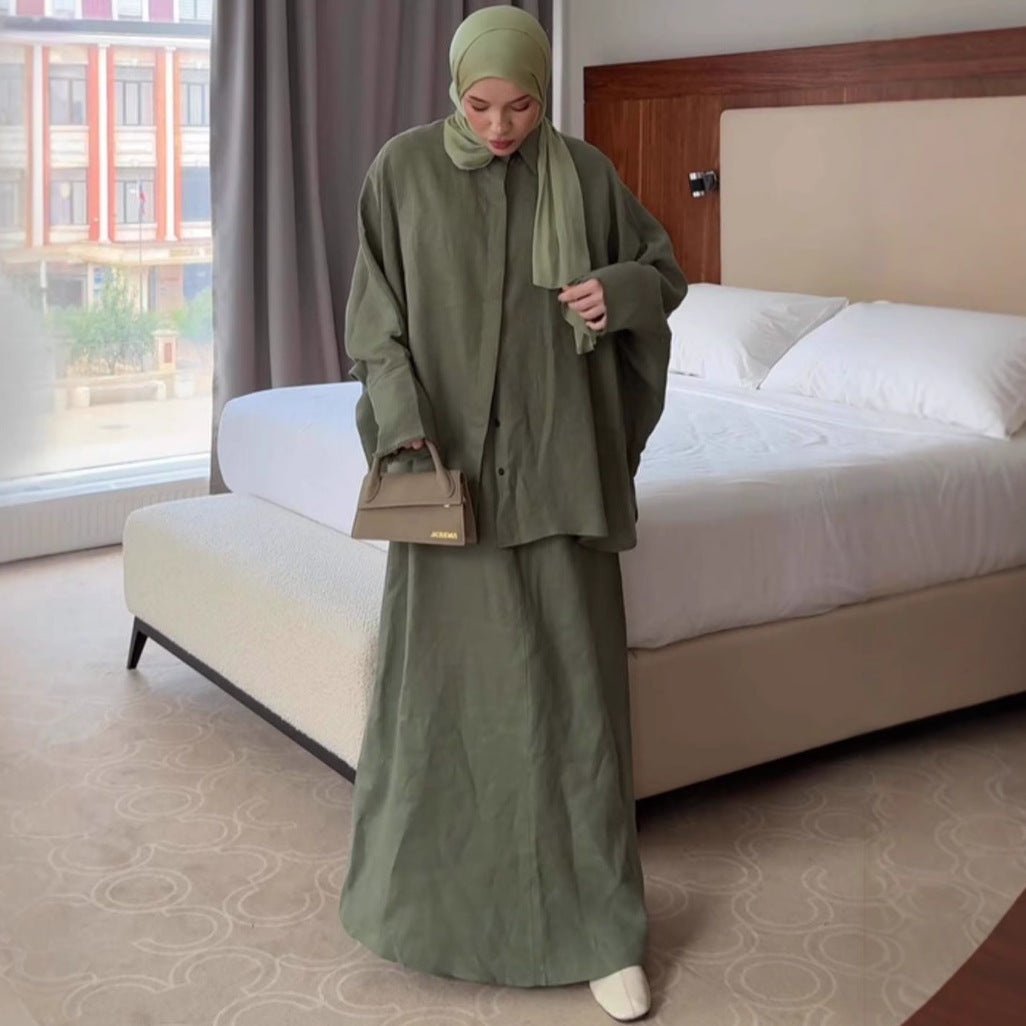 | Retro Lapel Cardigan Shirt & Long Skirt Set | Loose Modest | color variant | Maha The Label modest fashion outfit