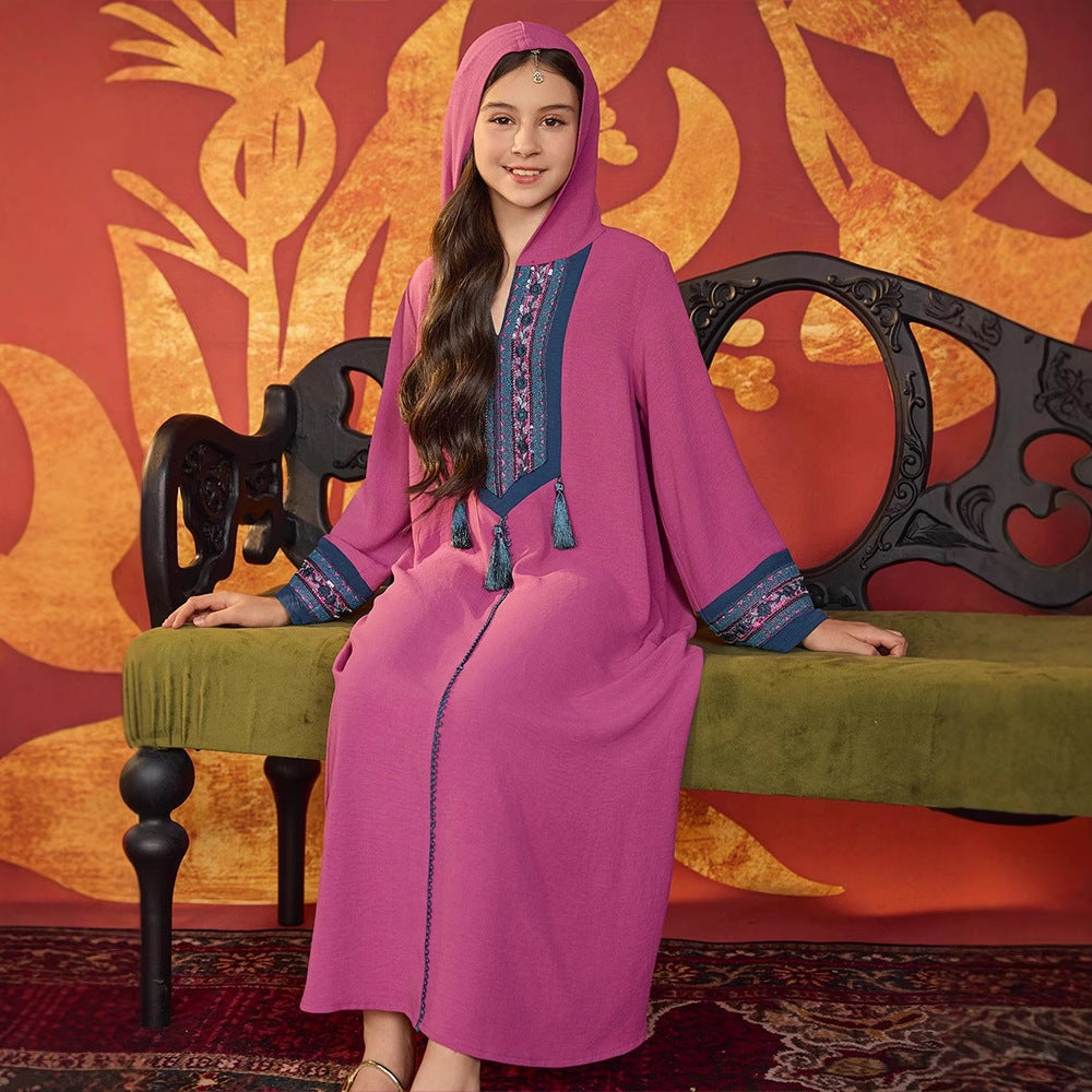 MH137 Girls Hooded Embroidery Maxi Dress – Tassel Trim Modest Eid Dress for Girls Ages 8–12
