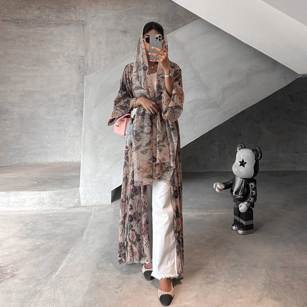 MH121 | Printed Floral Open Abaya Cardigan | Modest Kimono Robe for Women