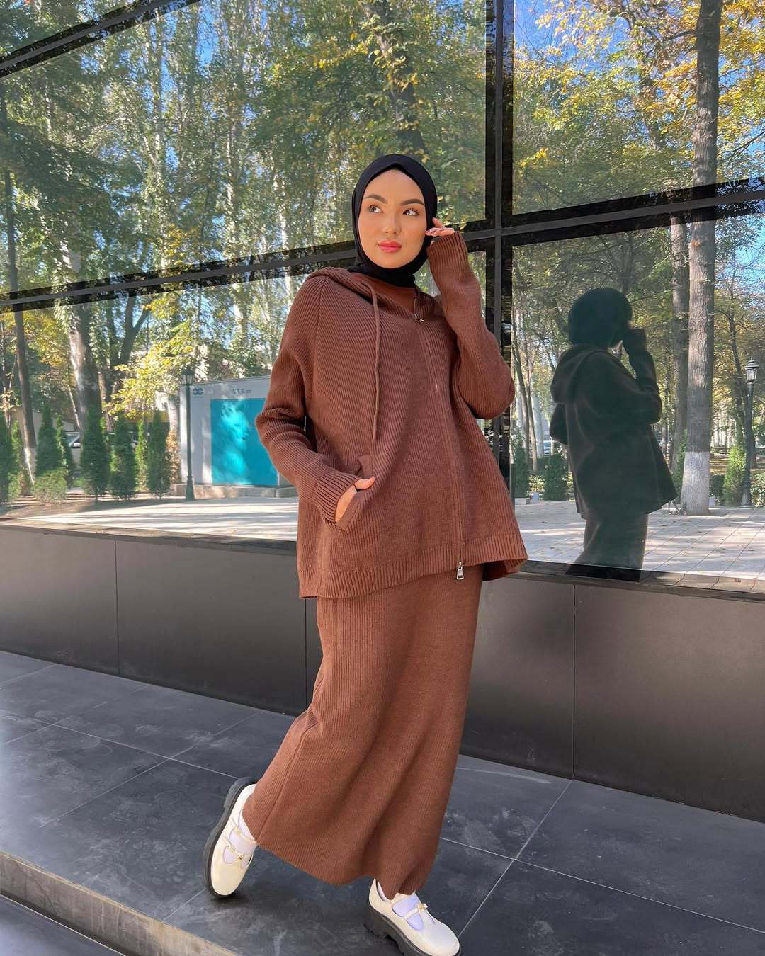 MH101 Modest Knit Hoodie & Skirt Set – Soft Ribbed Two-Piece Outfit