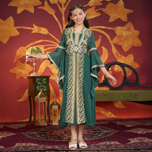 MH141 Girls Chiffon Maxi Dress with Flare Sleeves – Modest Festival Dress for Girls Ages 8–12