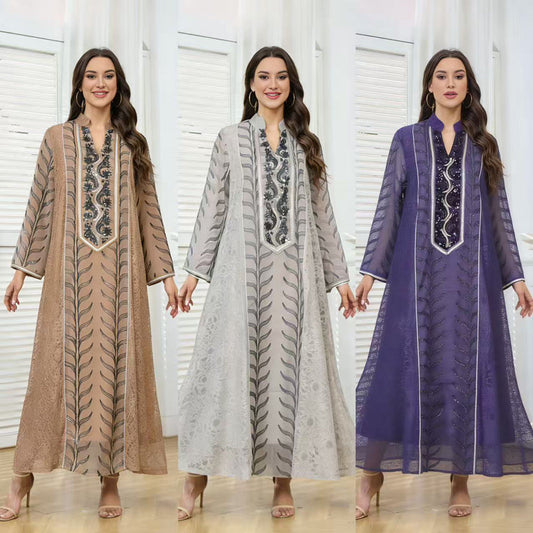 MH129 Beaded Embroidered Abaya Set – Elegant Mesh Modest Eid Dress for Muslim Women