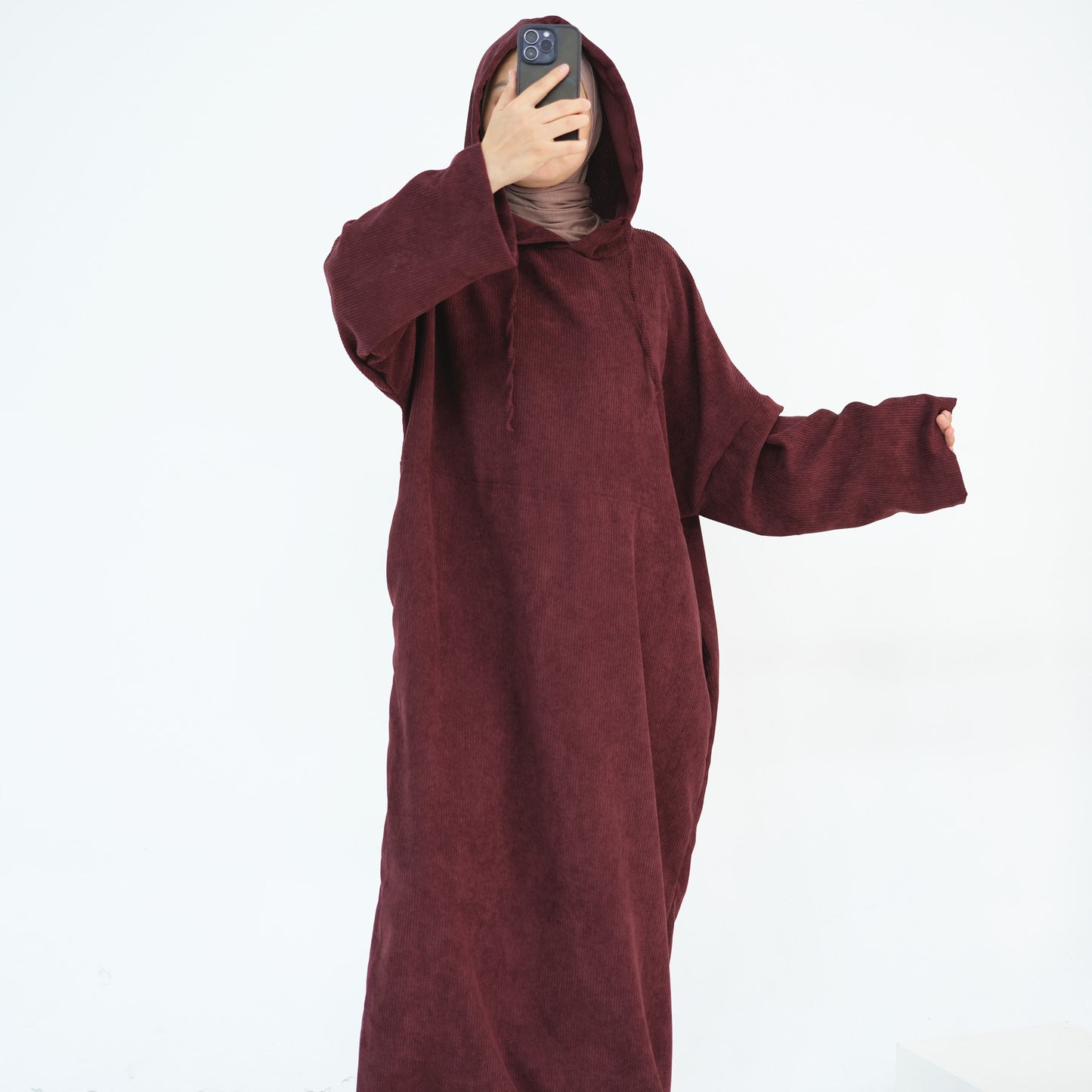 MH95 Corduroy Hooded Abaya with Pockets – Winter Casual Maxi Dress