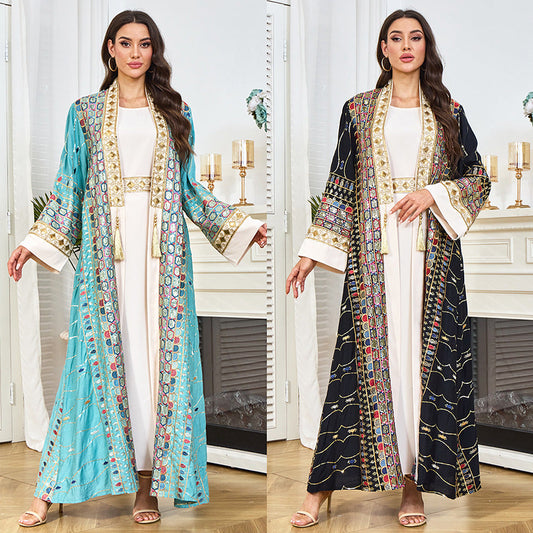 MH130 Luxury Beaded Open Abaya Set – Embroidered Modest Eid Kimono Dress for Muslim Women