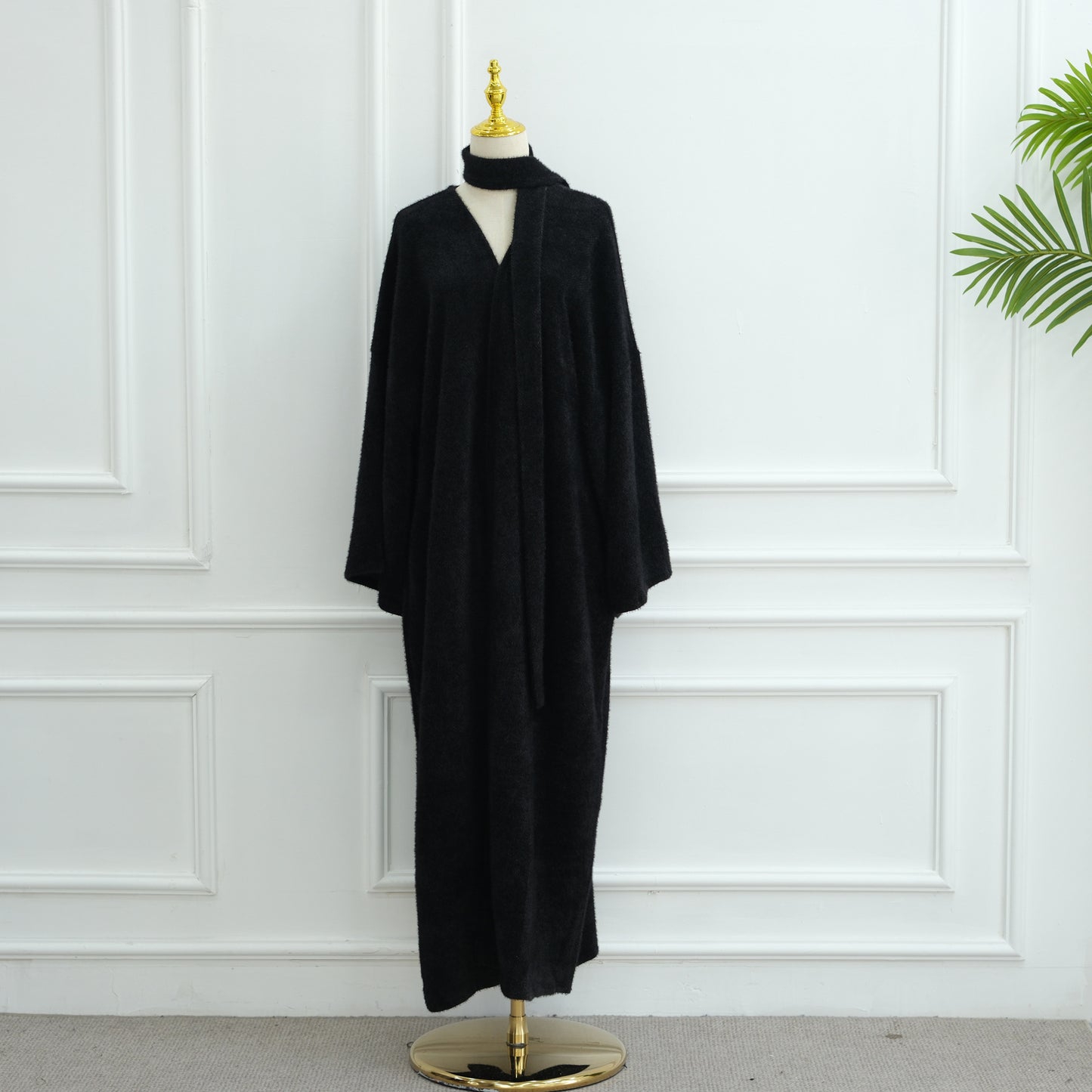 MH97 Velvet Open Abaya Cardigan with Belt – Long Sleeve Modest Outerwear