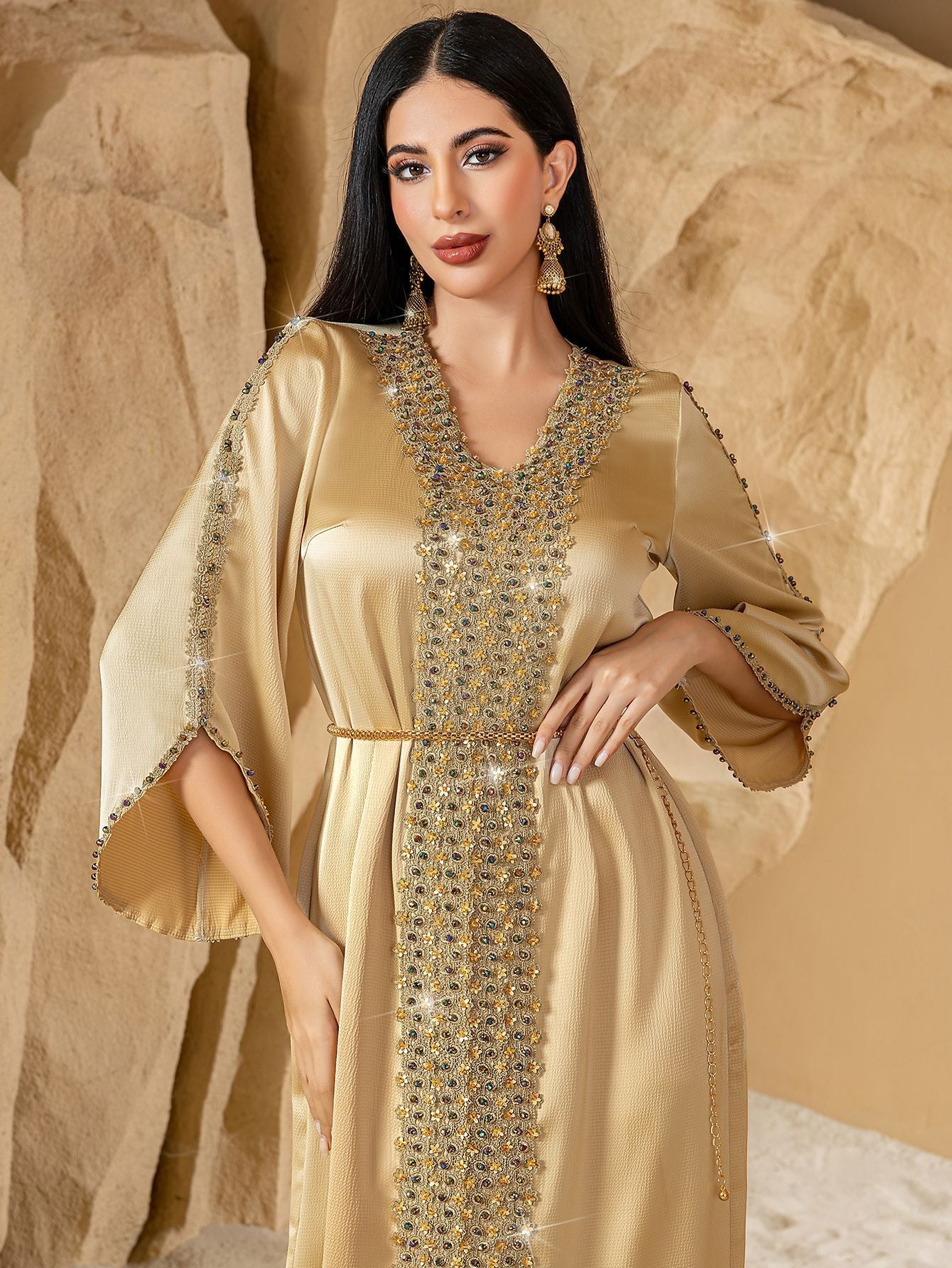 MH126 Luxury Champagne Beaded Lace Abaya Dress – Handmade Elegant Eid & Evening Kaftan