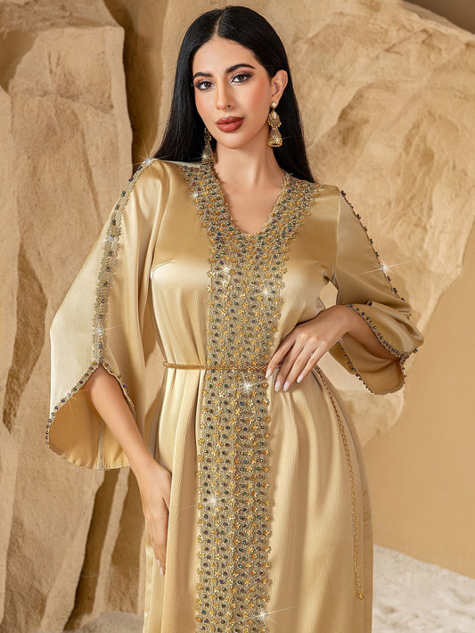 MH126 Luxury Champagne Beaded Lace Abaya Dress – Handmade Elegant Eid & Evening Kaftan
