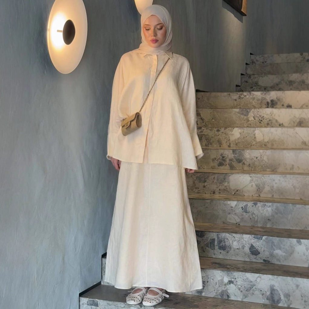 | Retro Lapel Cardigan Shirt & Long Skirt Set | Loose Modest | detail close-up | Maha The Label modest fashion outfit