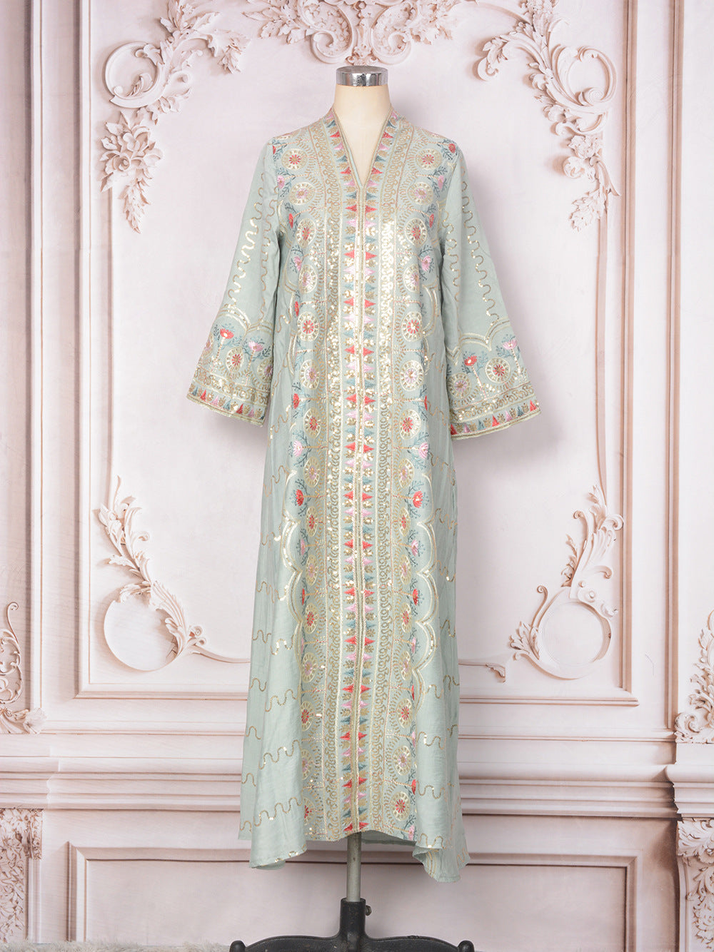 MH132 Sequin Embroidered Abaya Dress – Elegant V Neck Modest Maxi Kaftan for Muslim Women