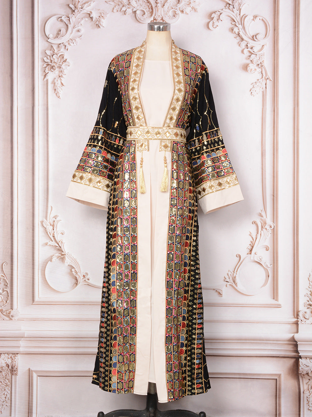 MH130 Luxury Beaded Open Abaya Set – Embroidered Modest Eid Kimono Dress for Muslim Women