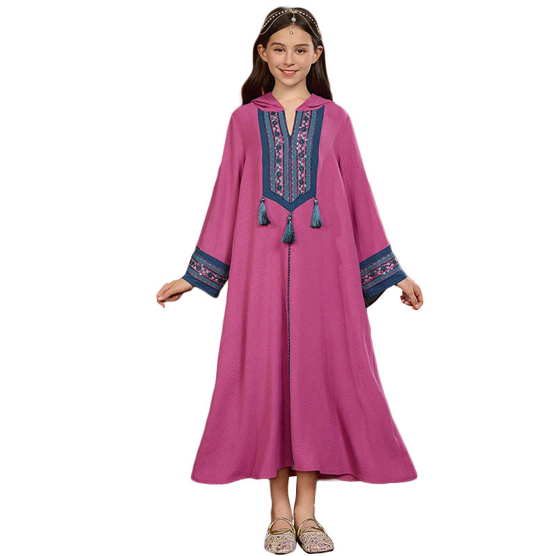 MH137 Girls Hooded Embroidery Maxi Dress – Tassel Trim Modest Eid Dress for Girls Ages 8–12