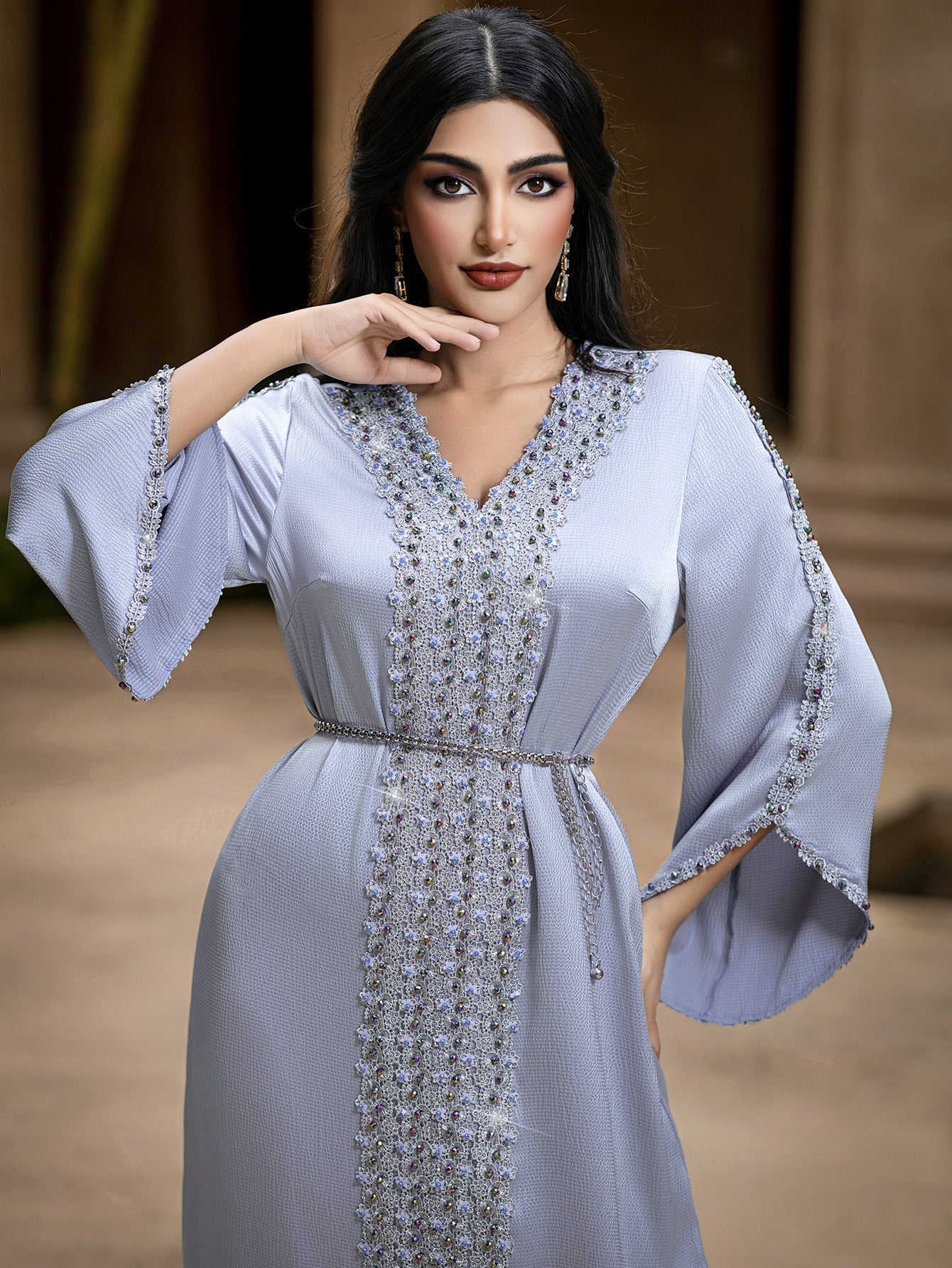 MH126 Luxury Champagne Beaded Lace Abaya Dress – Handmade Elegant Eid & Evening Kaftan