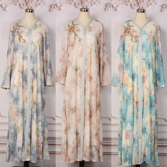 MH131 Luxury Floral Print Beaded Abaya Dress – Elegant Modest Eid Maxi Kaftan for Muslim Women