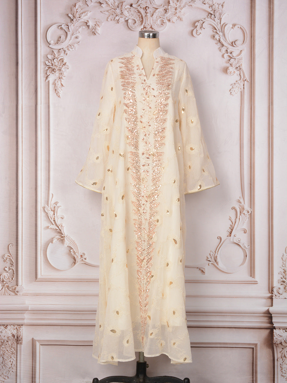 MH133 Luxury Embroidered Sequin Abaya Dress – Elegant Pink Modest Kaftan for Eid & Special Occasions