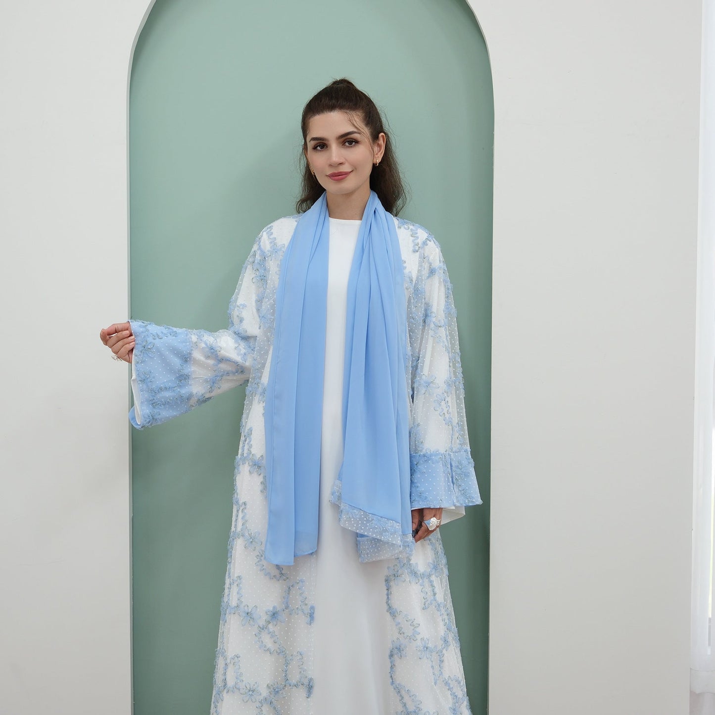 MH135 3D Floral Mesh Cardigan Abaya Set with Hijab – Elegant Modest Open Front Dress for Muslim Women