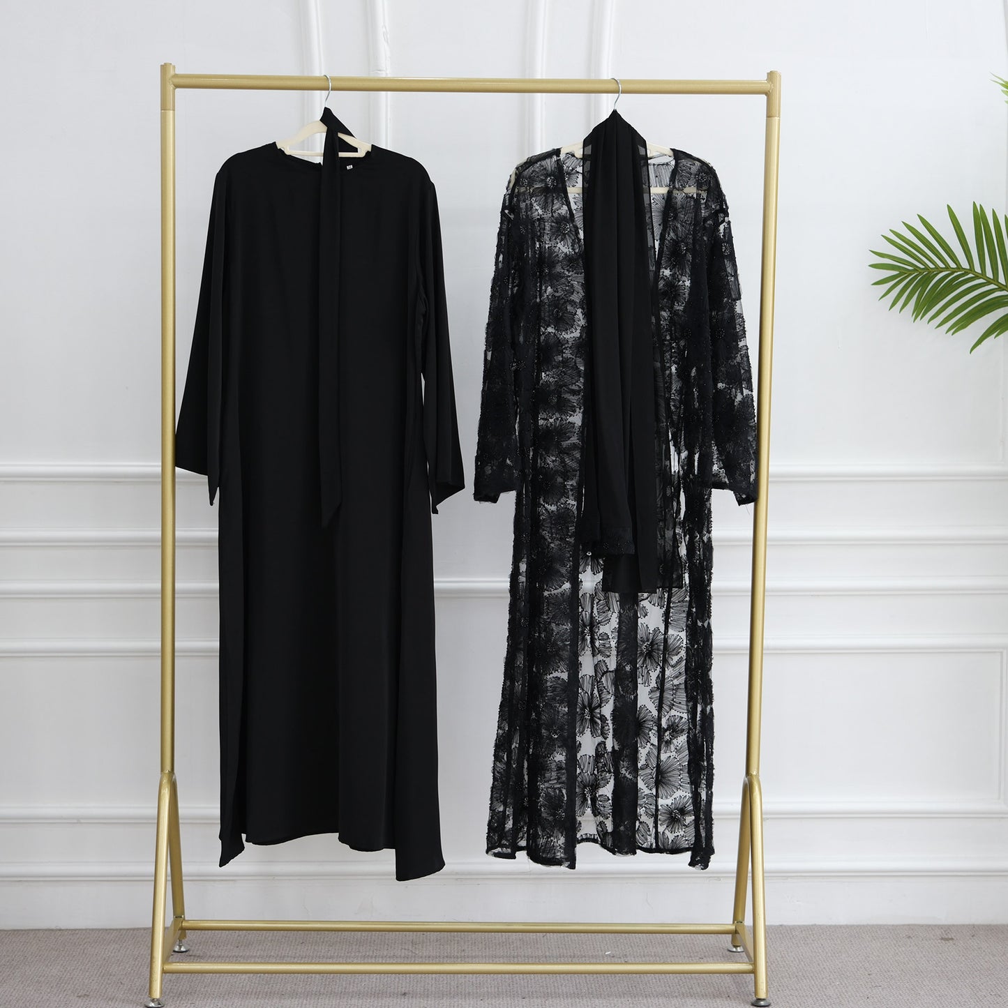 MH90 Beaded Lace Abaya Set – Embroidered Open Abaya, Optional Hijab & Inner Dress