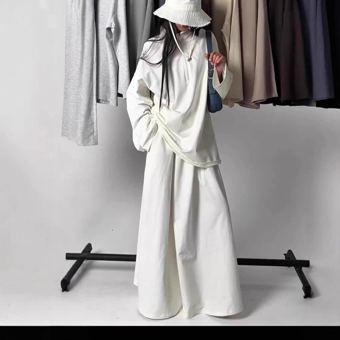 MH126 Modest Half-Zip Top and Maxi Skirt Set – Loose Casual Two Piece Outfit
