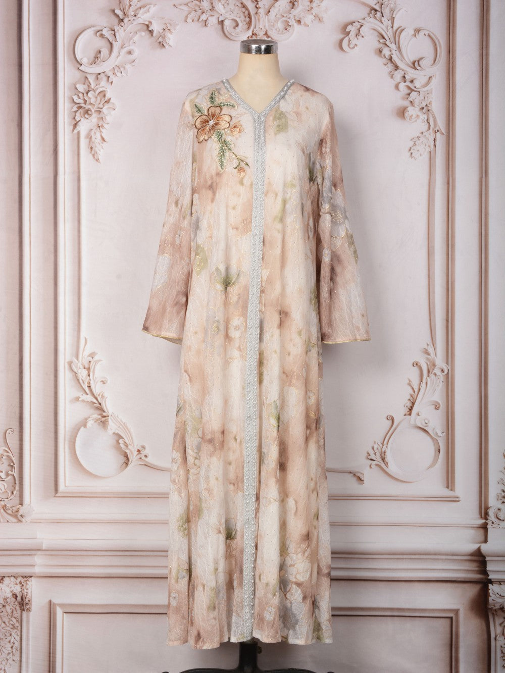MH131 Luxury Floral Print Beaded Abaya Dress – Elegant Modest Eid Maxi Kaftan for Muslim Women
