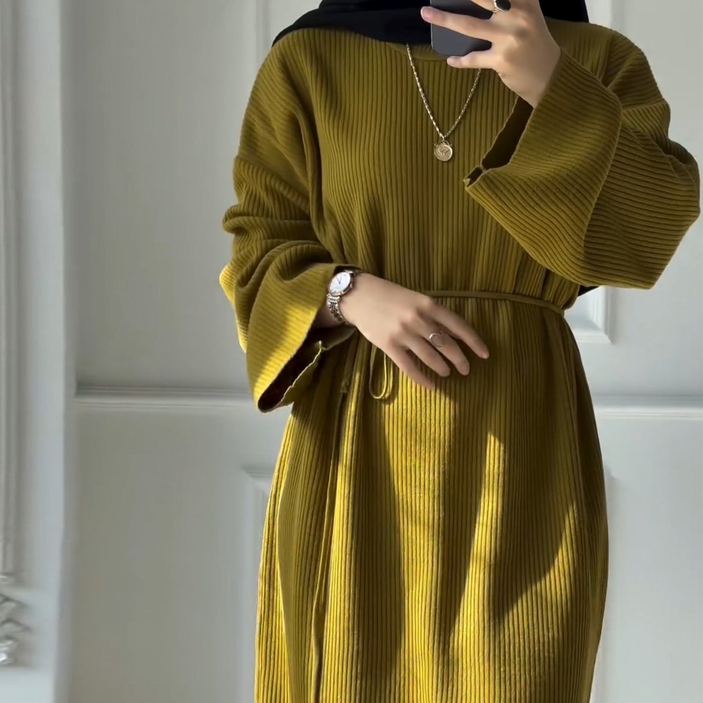 MH76 Winter Abaya for Women – Ribbed, Belted, Long Sleeve Modest Islamic Dress