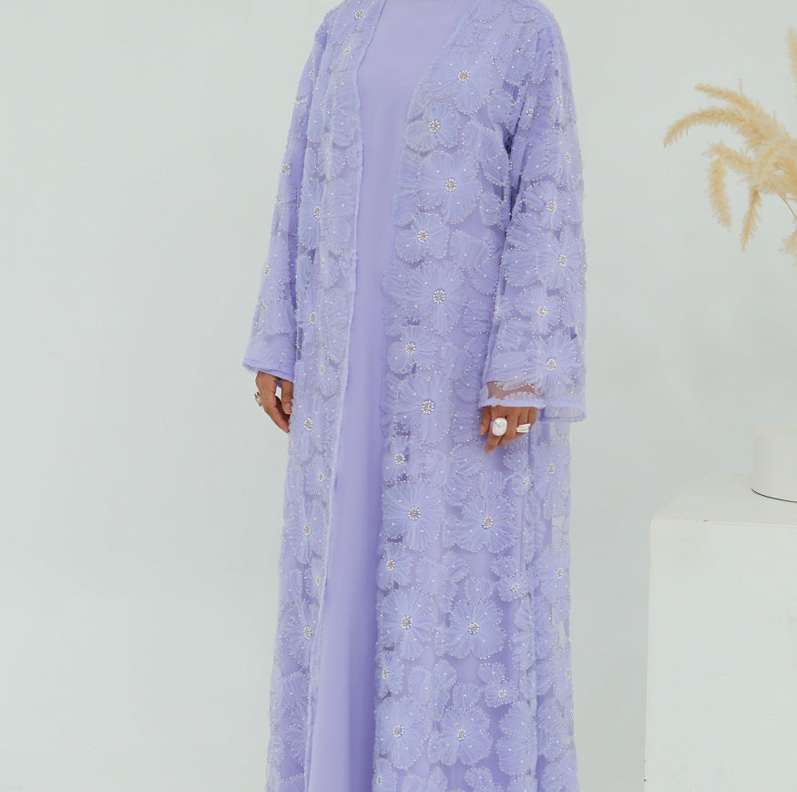 MH90 Beaded Lace Abaya Set – Embroidered Open Abaya, Optional Hijab & Inner Dress