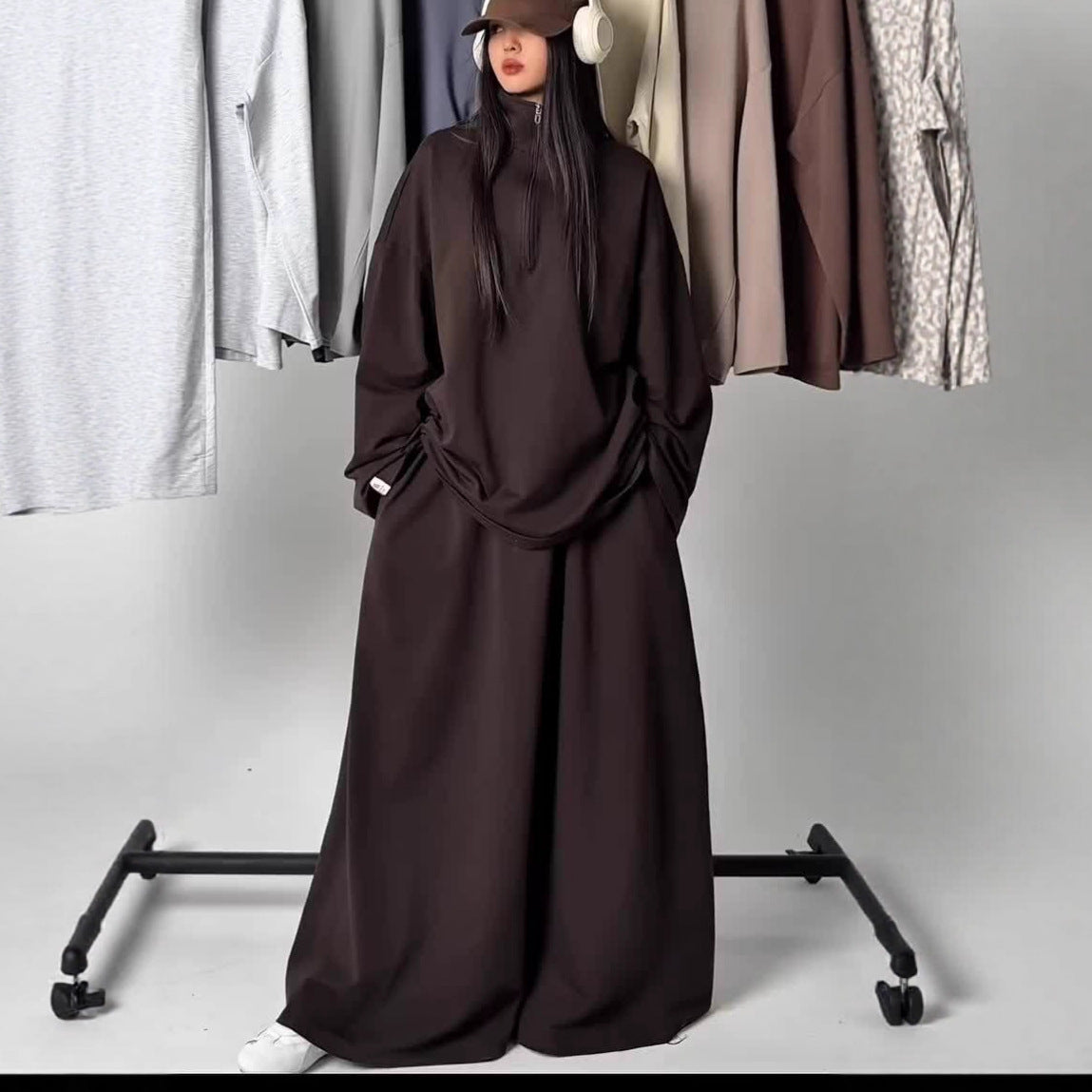 MH126 Modest Half-Zip Top and Maxi Skirt Set – Loose Casual Two Piece Outfit