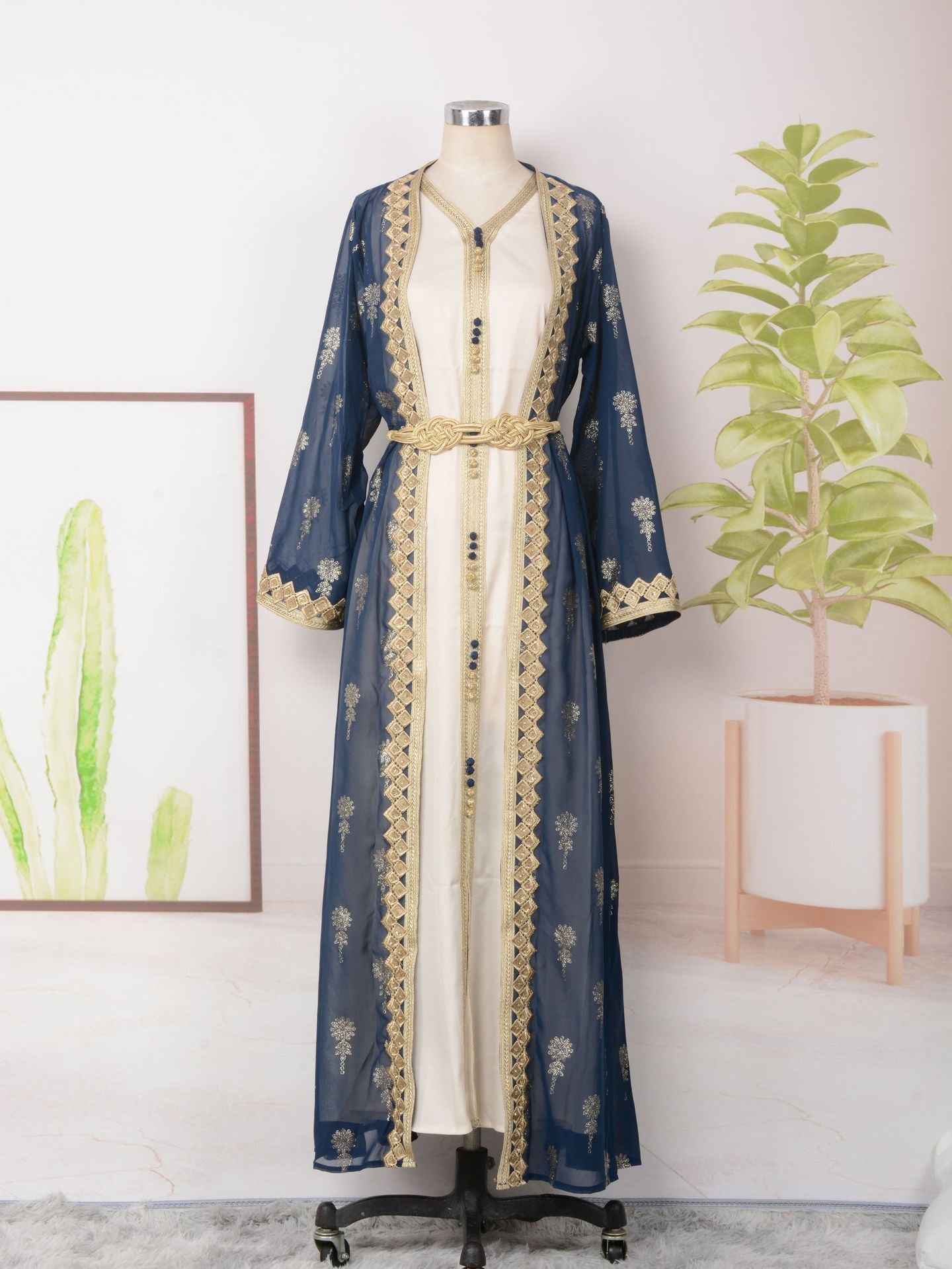 MH127 Embroidered Two Piece Abaya Set – Luxury Open Front Cardigan Abaya Dress for Eid & Formal Wear