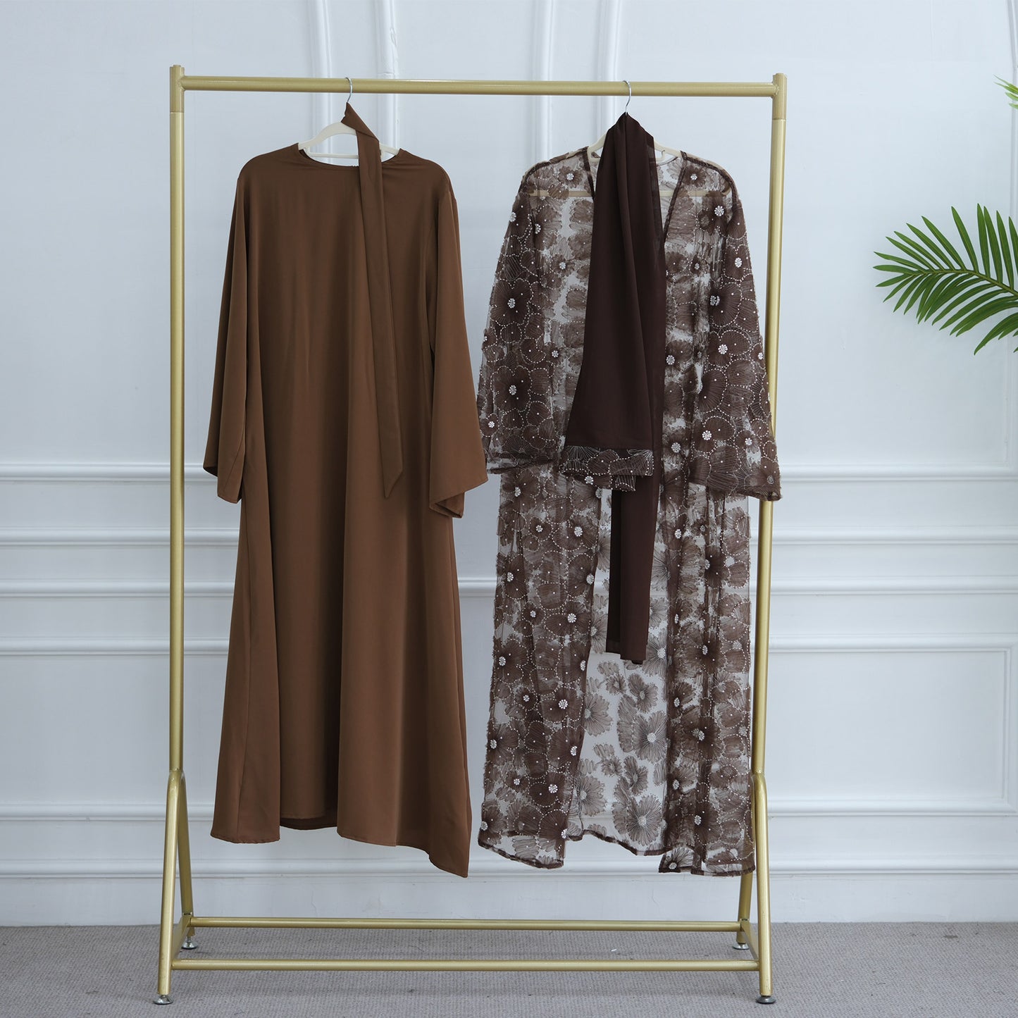 MH90 Beaded Lace Abaya Set – Embroidered Open Abaya, Optional Hijab & Inner Dress