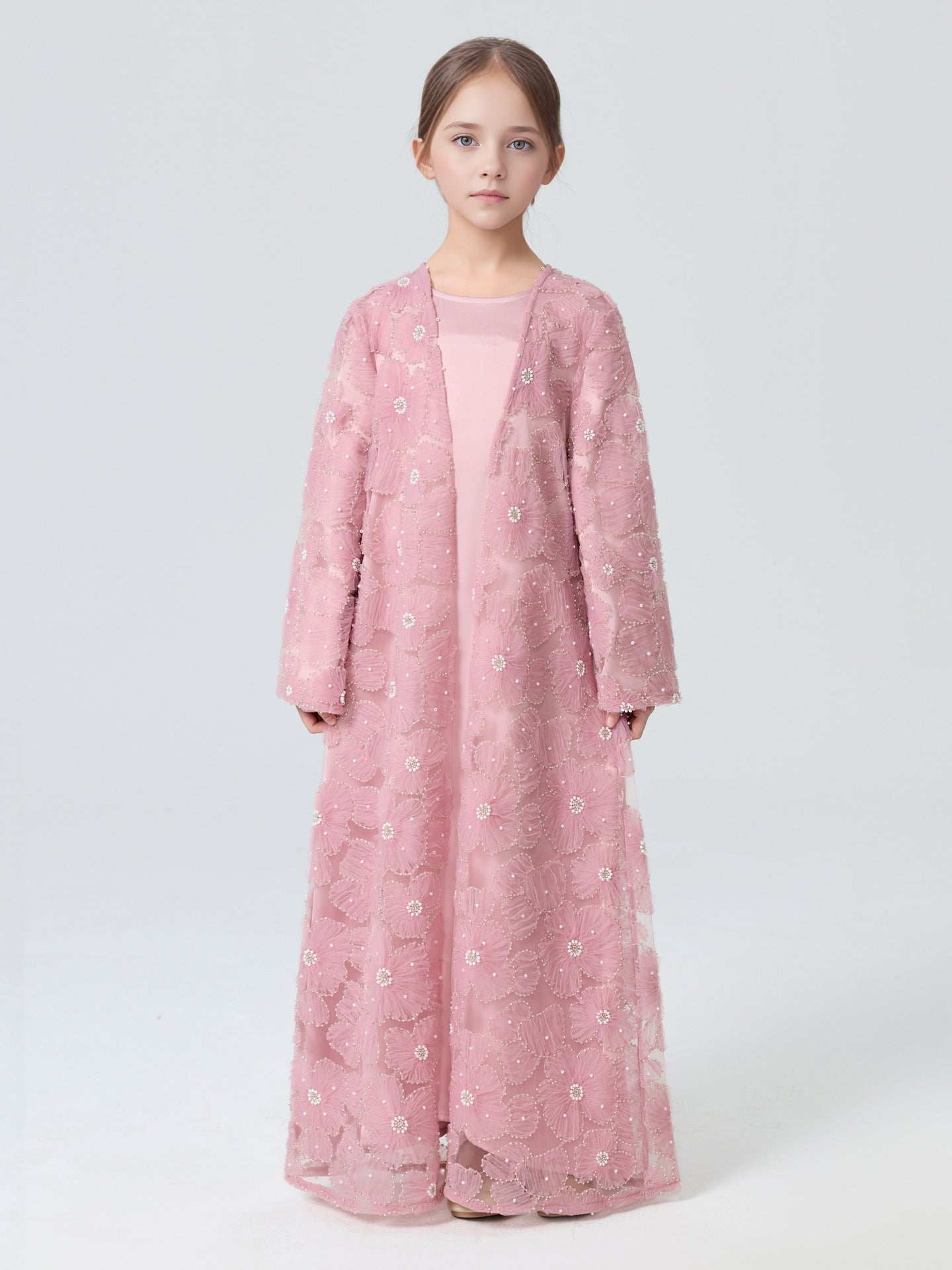 MH122 | Girls 2-Piece Mesh Flower Bead Jacket & Satin Dress Set | Ages 7–14