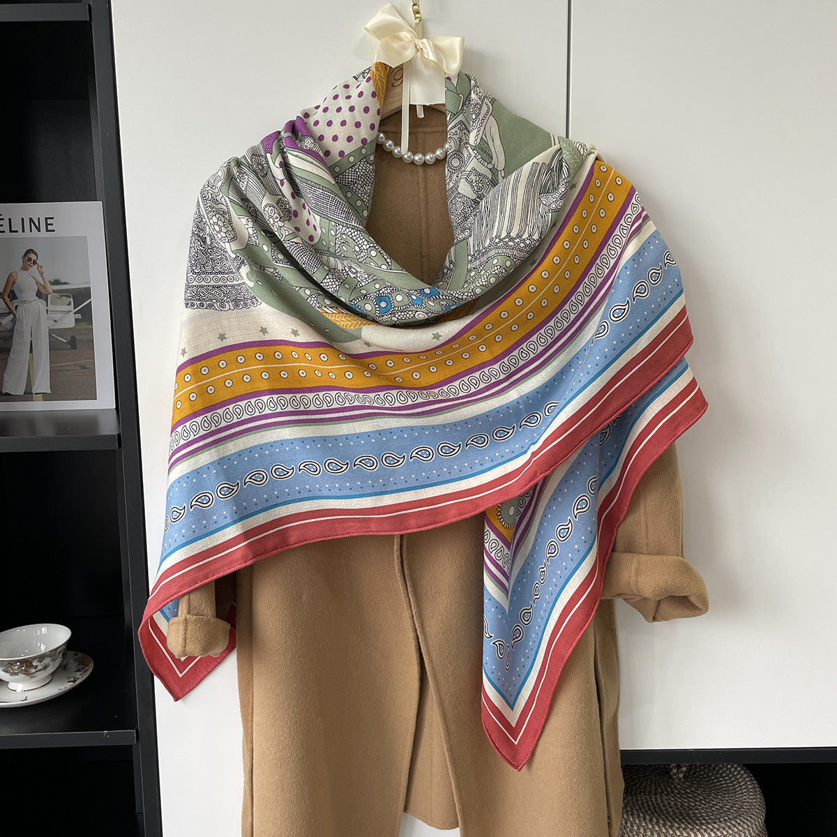 MH112 Silk Cashmere Scarf - Warm Wool Square Shawl Tropical Print
