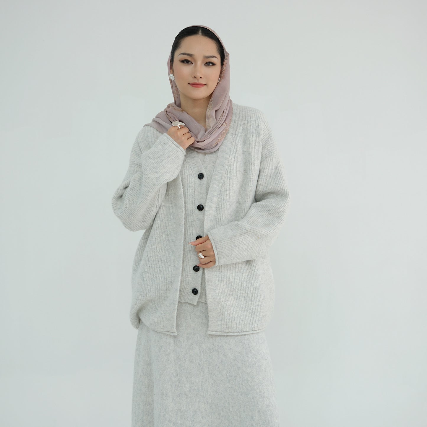 MH72 Winter Knit 3-Piece Abaya Set for Muslim Women – Modest Hijabi Co-ord (Cardigan + Vest + Skirt)