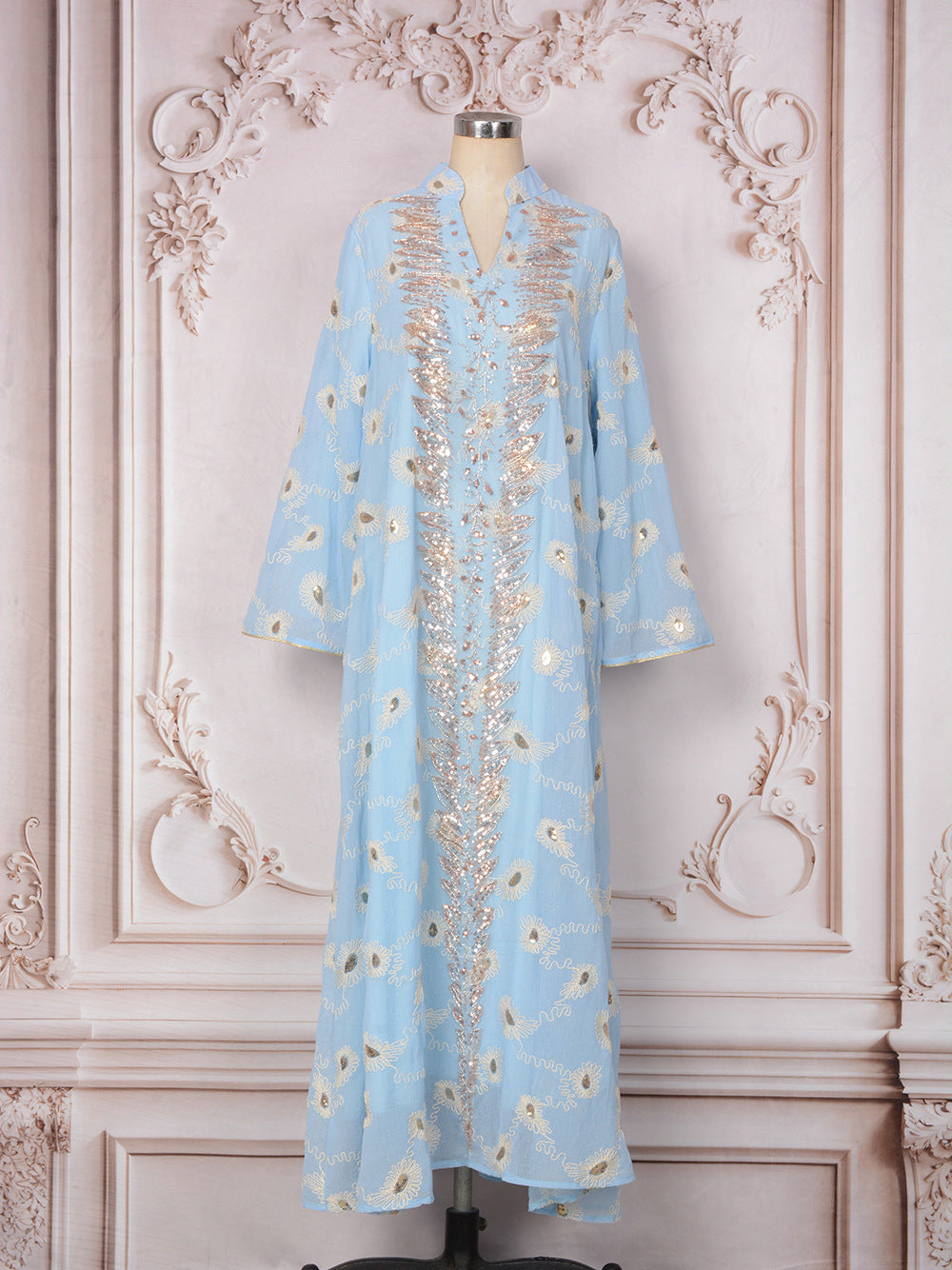 MH133 Luxury Embroidered Sequin Abaya Dress – Elegant Pink Modest Kaftan for Eid & Special Occasions