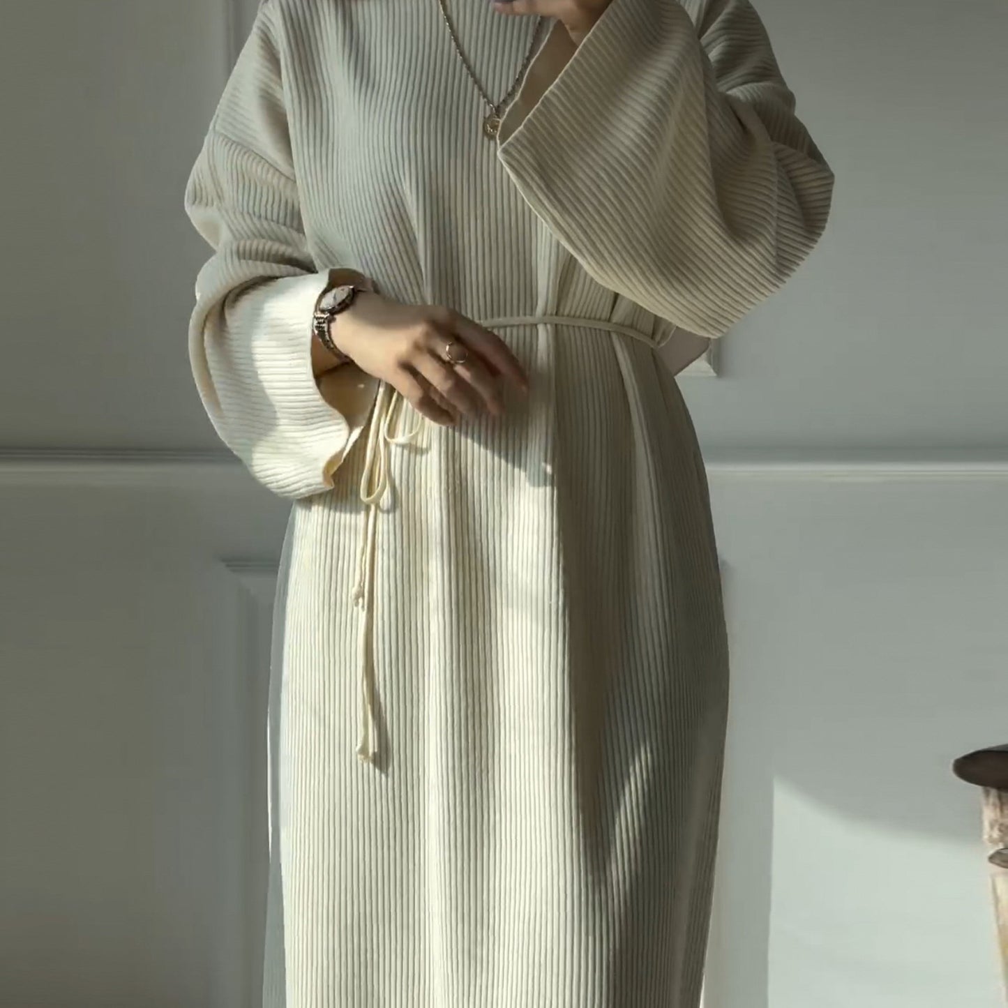 MH76 Winter Abaya for Women – Ribbed, Belted, Long Sleeve Modest Islamic Dress