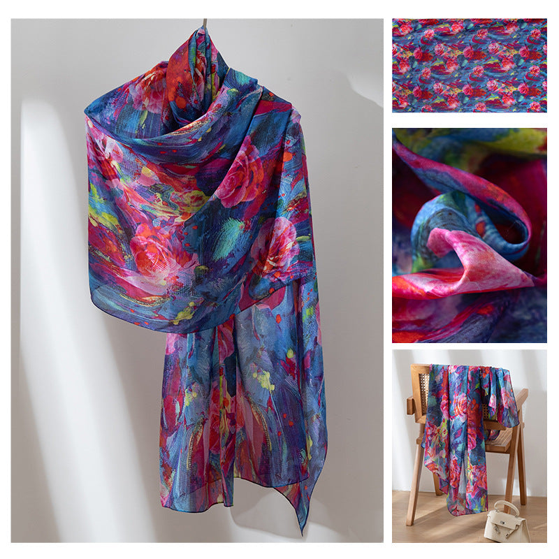 Deep Blue Rose Mulberry Silk Scarf - Luxury Print Shawl | Premium Gift